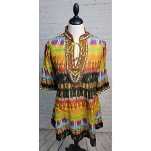 KEY LIME & PINK beaded Embellish Multicolor tunic V Neck Blouse Size Med Boho